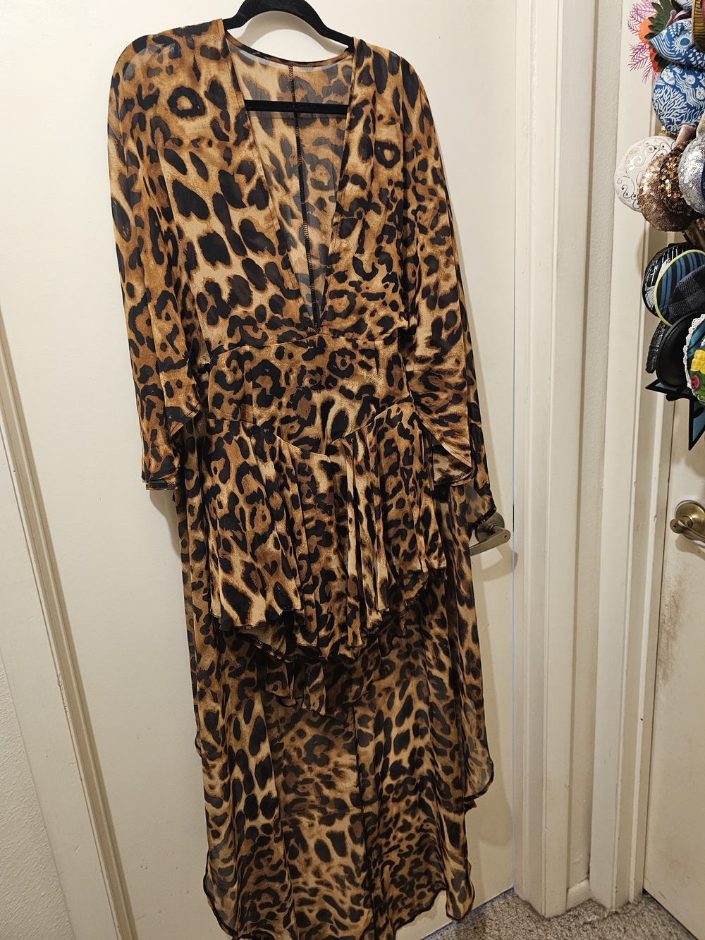 Womens Leopard Print Long Chiffon Romper Beach Coverup With Cape